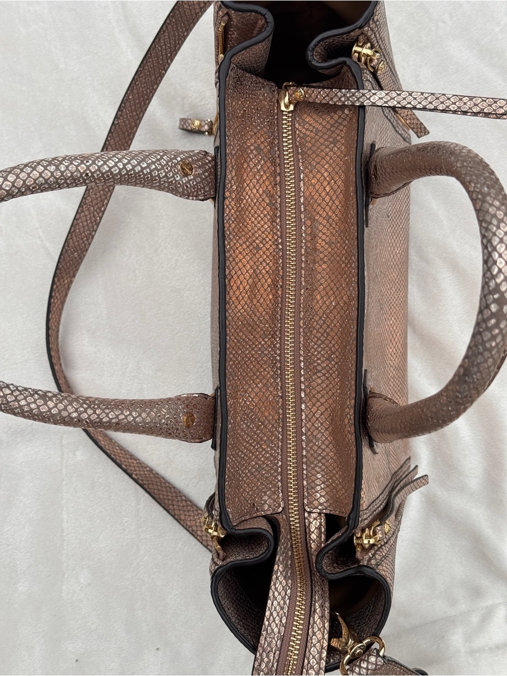 henri bendel Metallic Bronze Textured Satchel with Gold Hardware - Picture 9 of 10